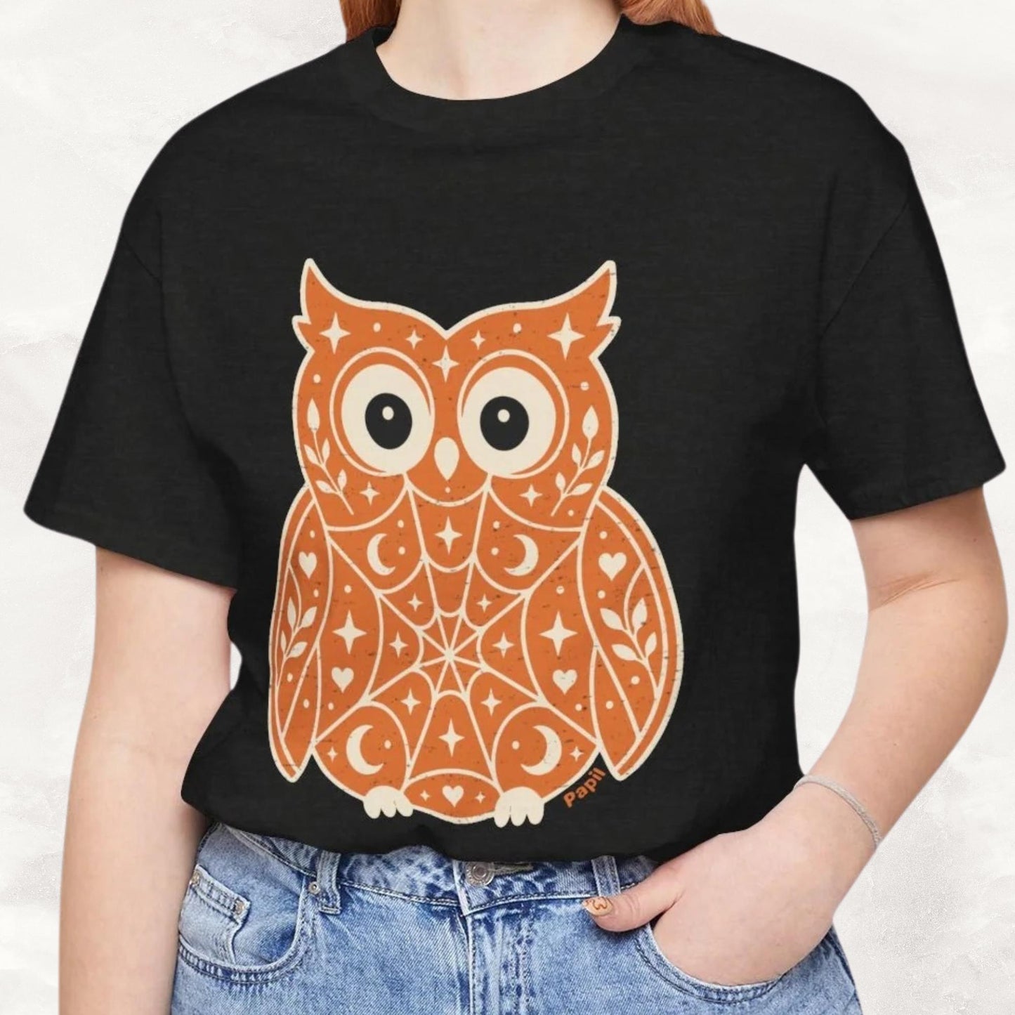 Enchanted Owl Halloween Tee, Whimsical Woodland Graphic (Orange)