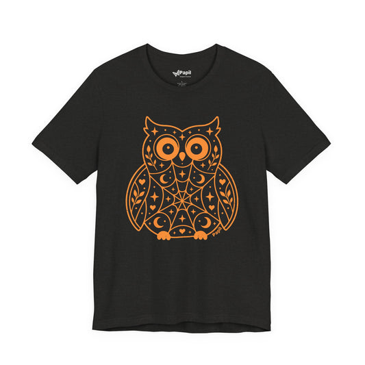 Enchanted Owl Halloween Tee, Whimsical Woodland Graphic (Green)