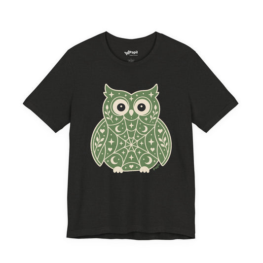 Enchanted Owl Halloween Tee, Whimsical Woodland Graphic (Green) 2XL
