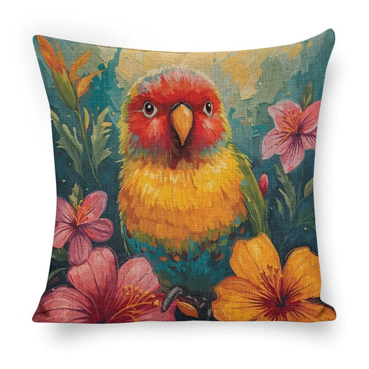 Tropical Lovebird Vivid Illustration Cushion Cover — US-Made, Single-Sided Print, 45×45cm
