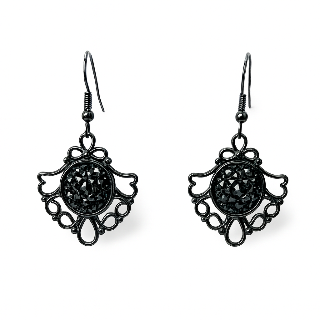 Gothic Glam Filigree Dangle Earrings, Handmade Black Sparkle Drops