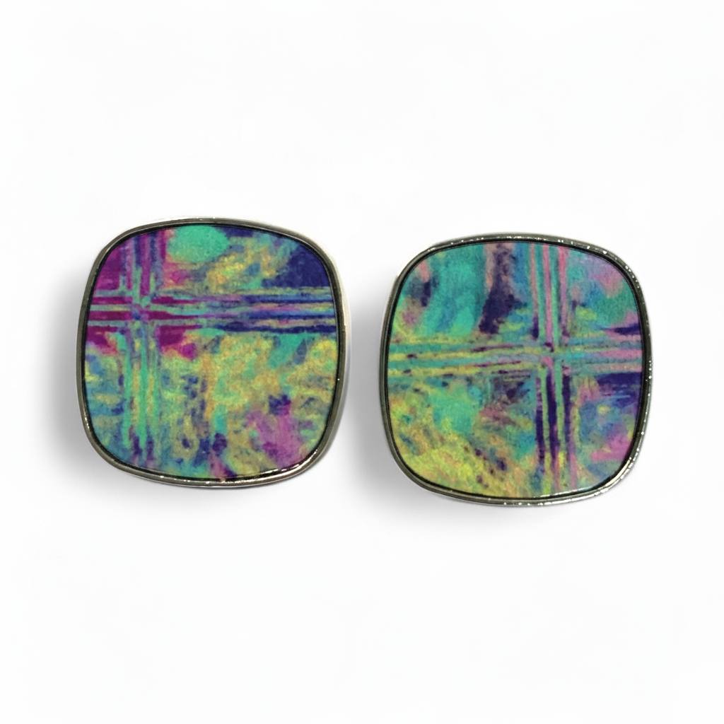 Colourful Printed Square Stud Earrings, Handmade Bold Statement Studs