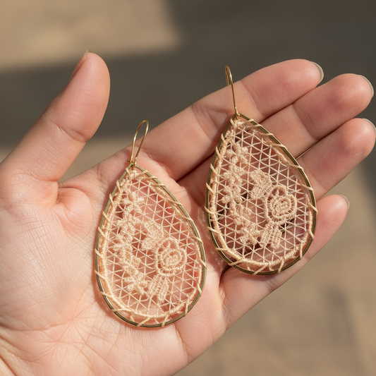 Pink Lace Flower Teardrop Earrings, Handmade Woven Gold Drops