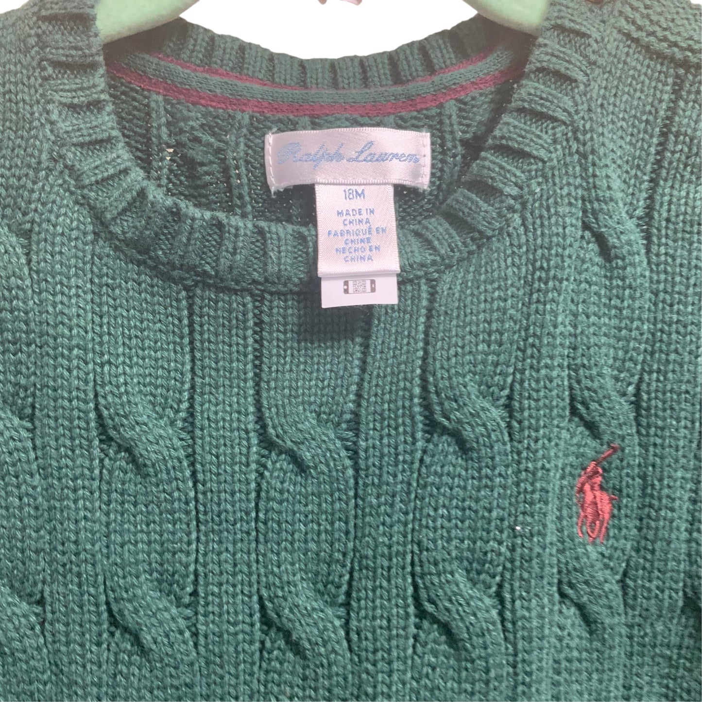 Ralph Lauren Polo Sweater | Green Cable Knit | 18 Months | Pre-Owned