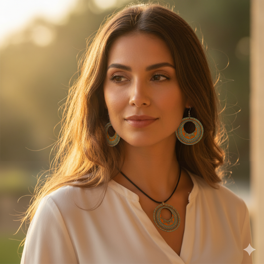 Boho wooden drop earrings, alternate angle