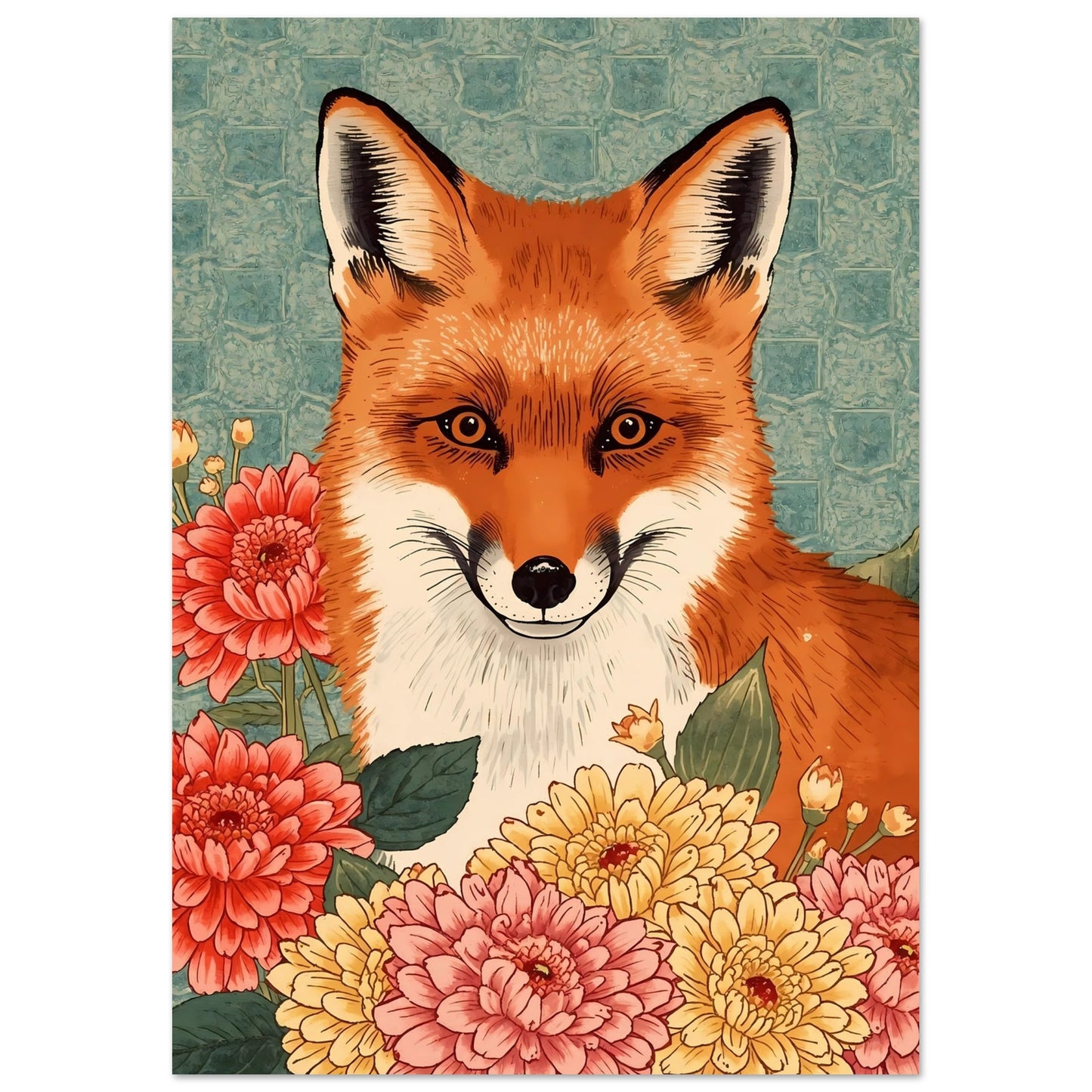 Floral Fox Ukiyo-e Wall Art Poster A2 (42 x 59.4 cm)