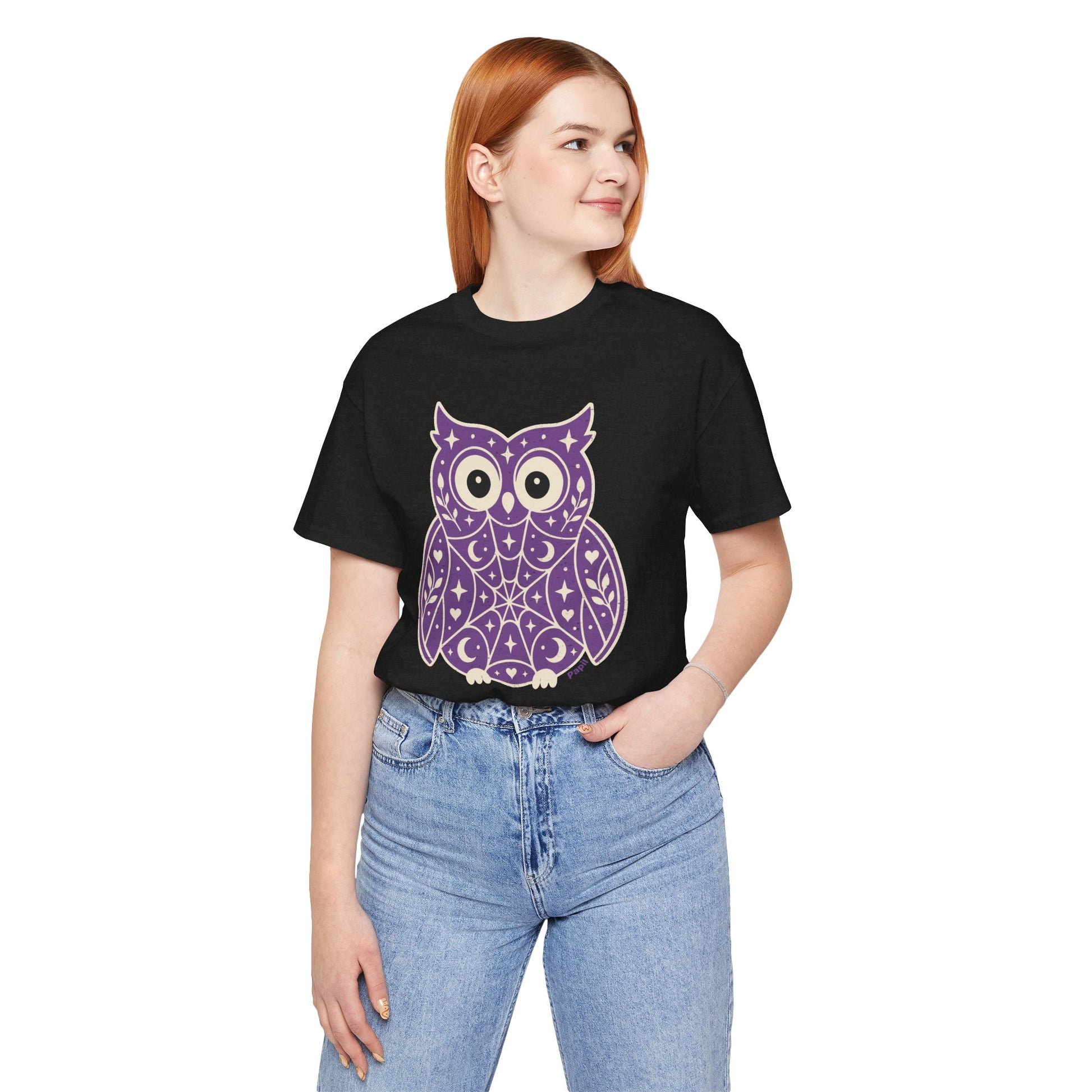 Enchanted Owl Halloween Tee, Whimsical Woodland Graphic (Purple)