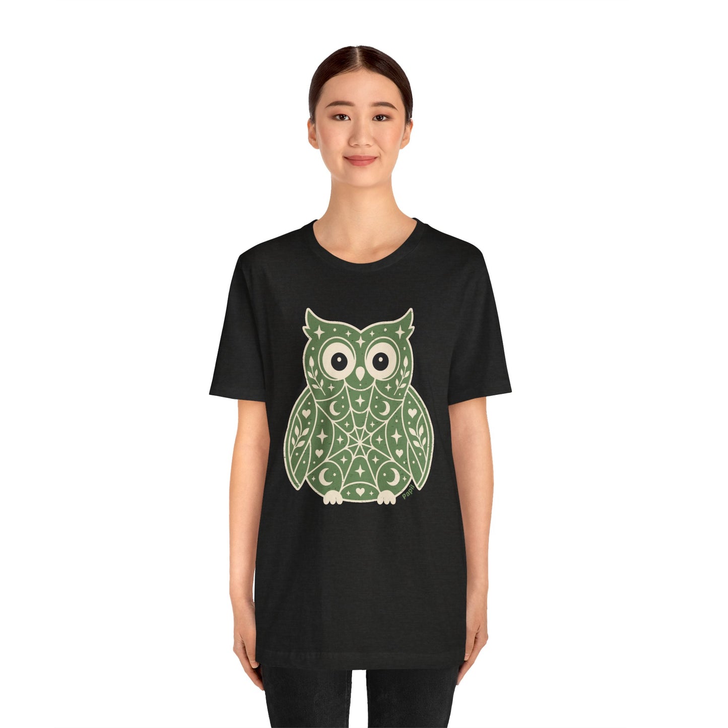 Enchanted Owl Halloween Tee, Whimsical Woodland Graphic (Green)