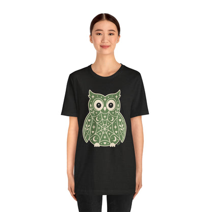 Enchanted Owl Halloween Tee, Whimsical Woodland Graphic (Green)