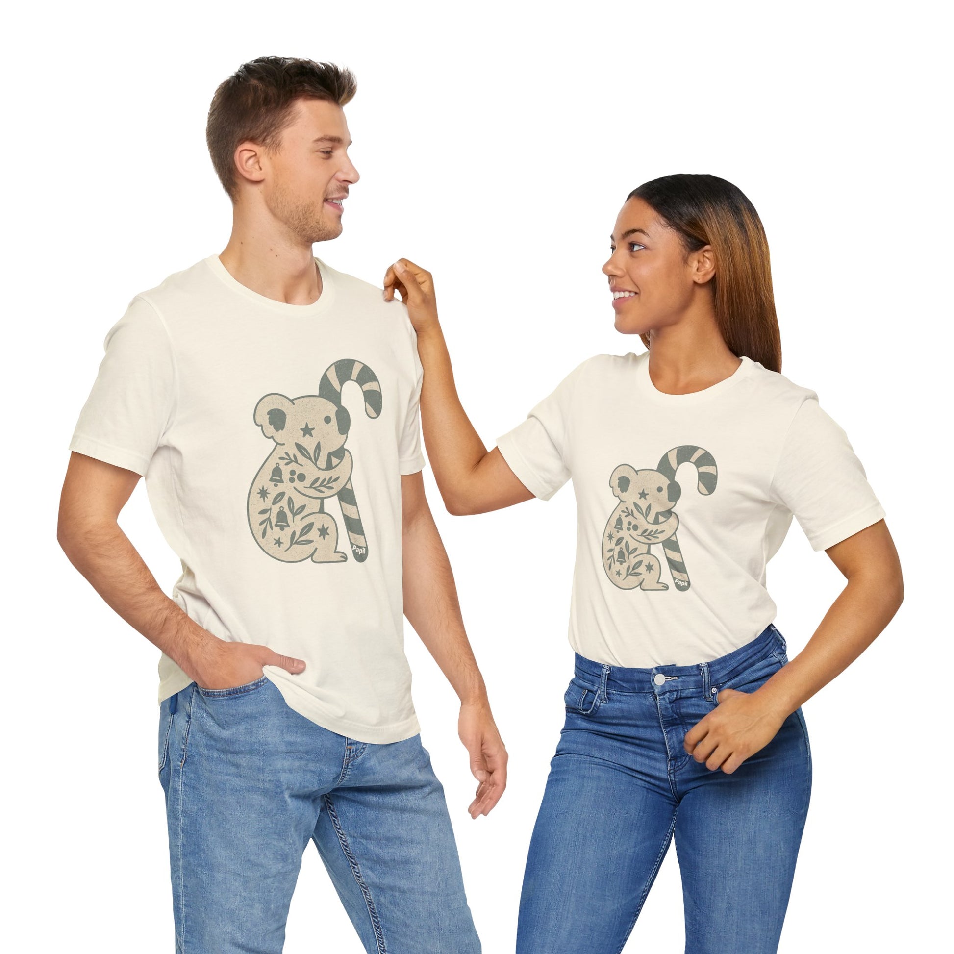 Floral Koala with Candy Cane Christmas Tee | Botanical Animal Woodland T-Shirt