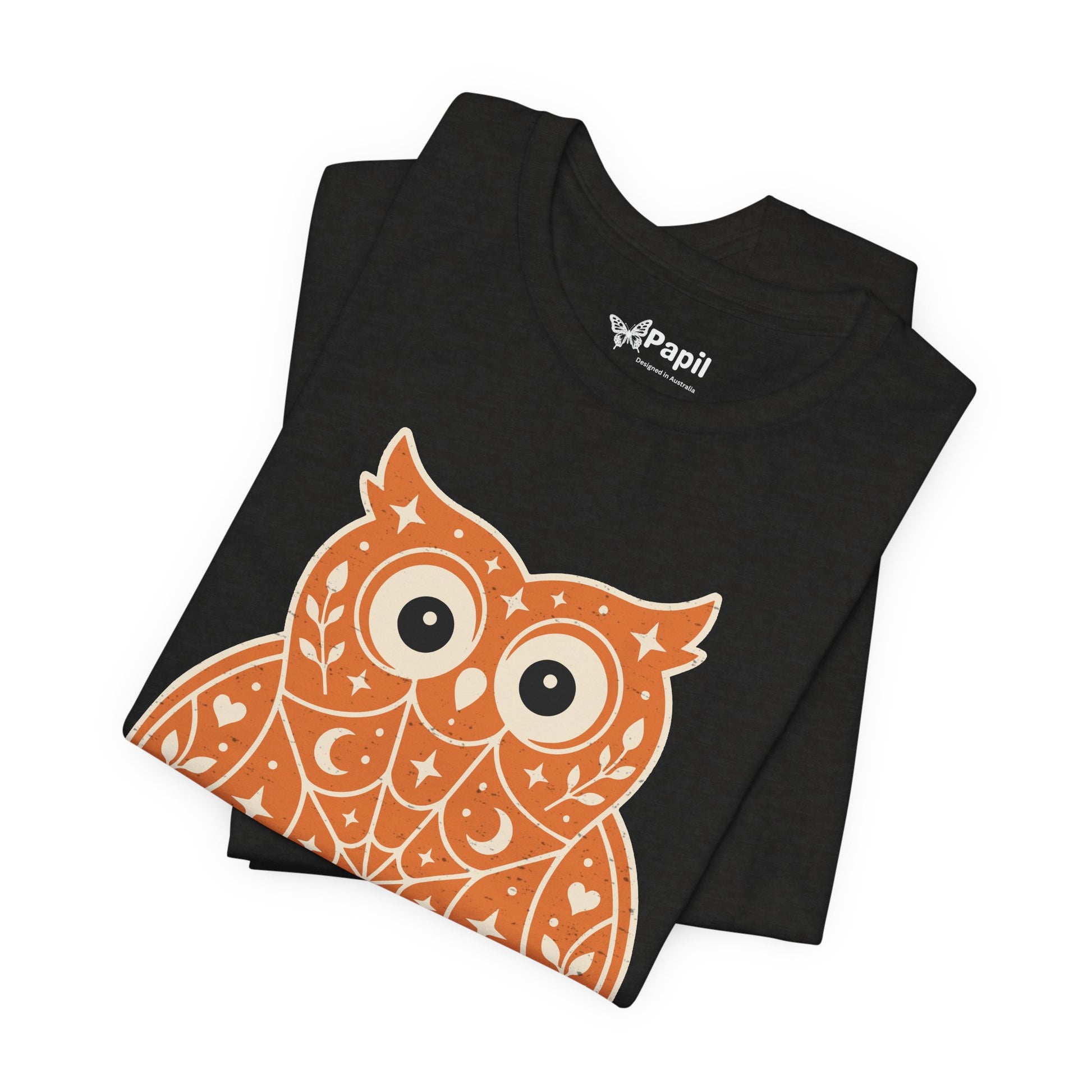 Enchanted Owl Halloween Tee, Whimsical Woodland Graphic (Orange)