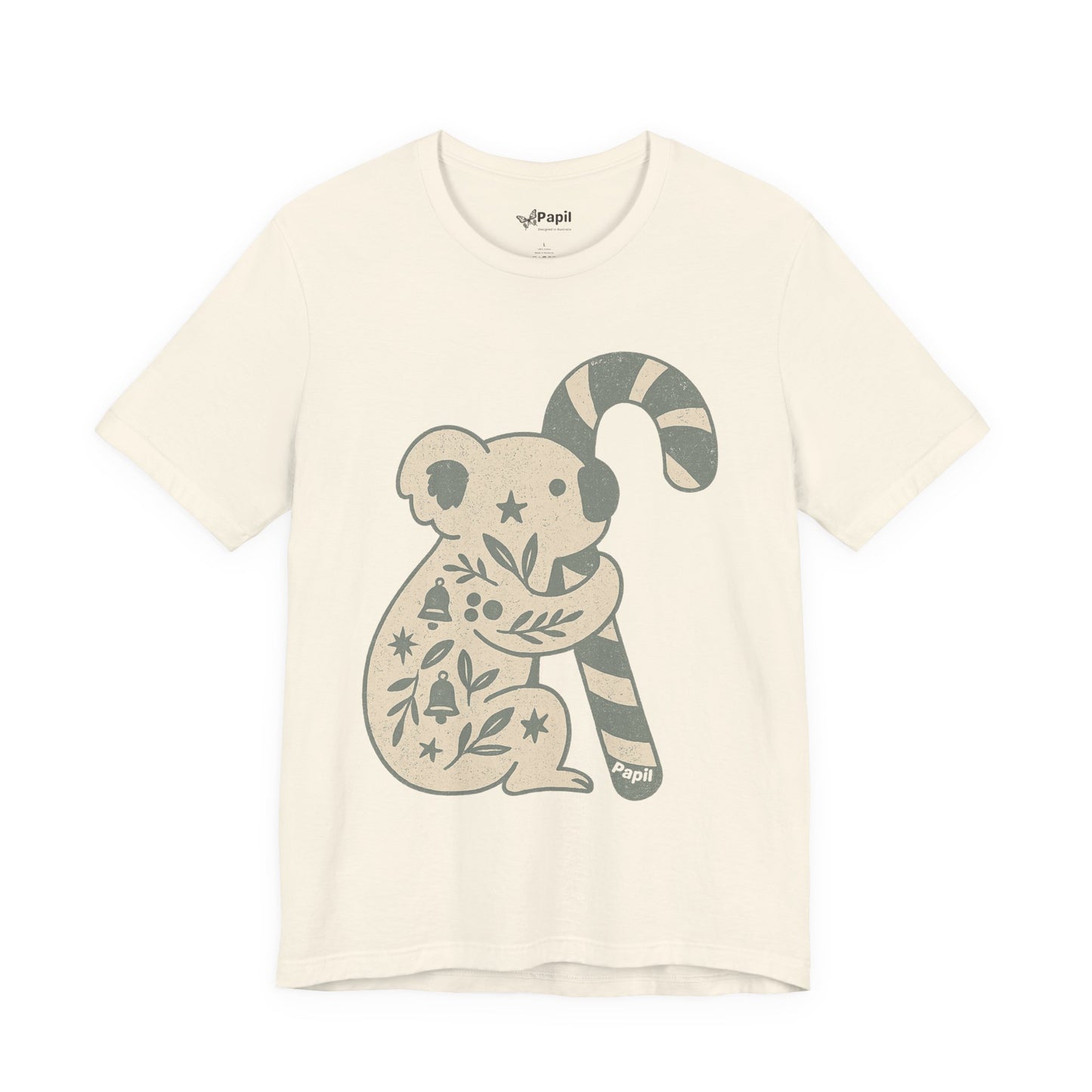 Koala Candy Cane Christmas Unisex T-Shirt — Cute Floral Koala Australian Holiday Tee Natural