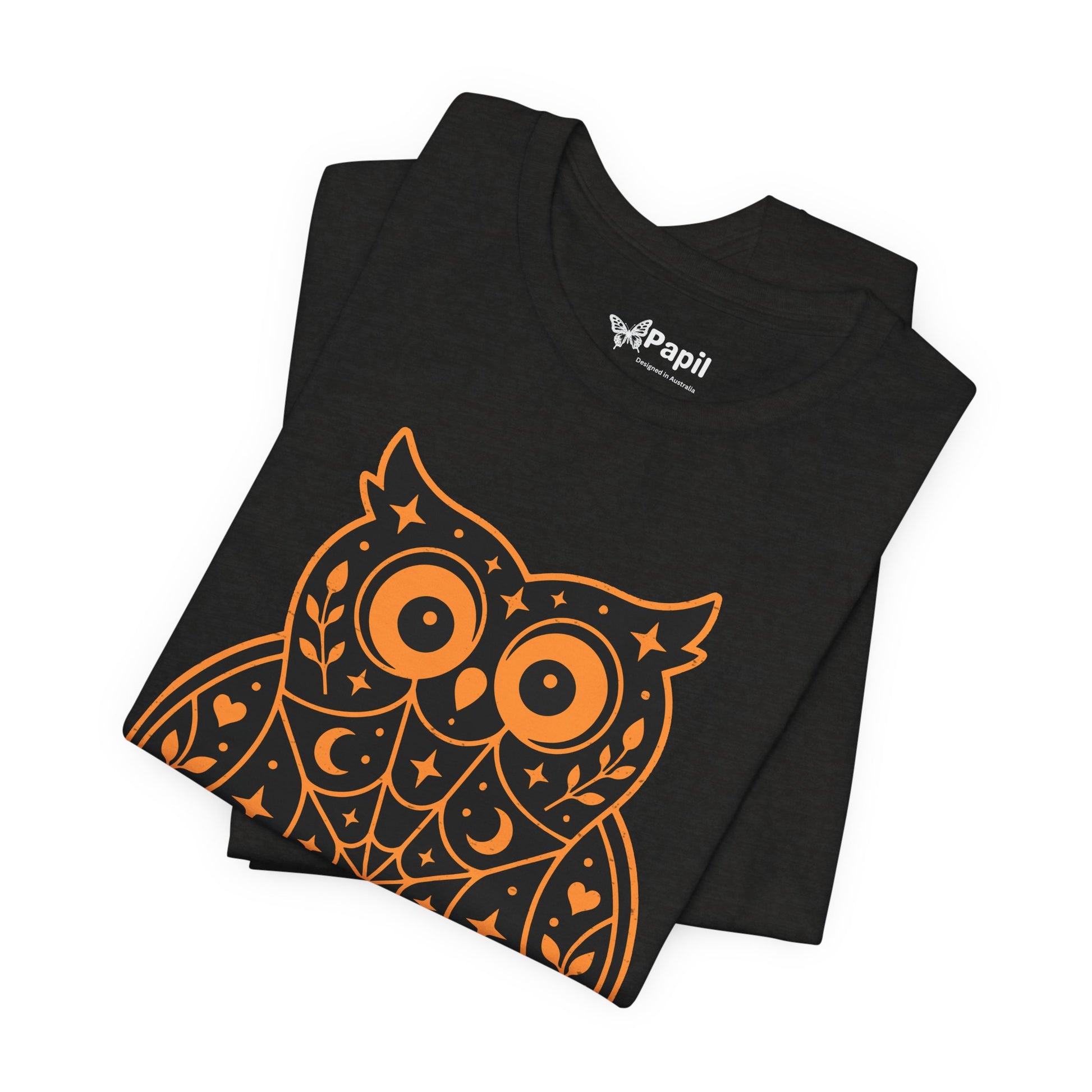 Enchanted Owl Halloween Tee, Whimsical Woodland Graphic (Black)