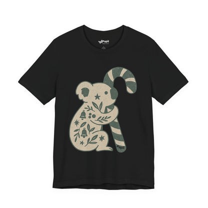 Koala Candy Cane Christmas Unisex T-Shirt — Cute Floral Koala Australian Holiday Tee Black