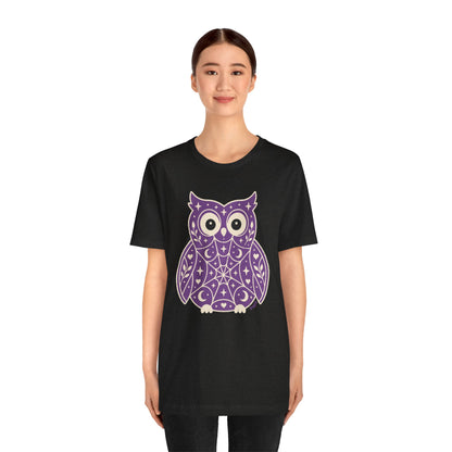 Enchanted Owl Halloween Tee, Whimsical Woodland Graphic (Purple)
