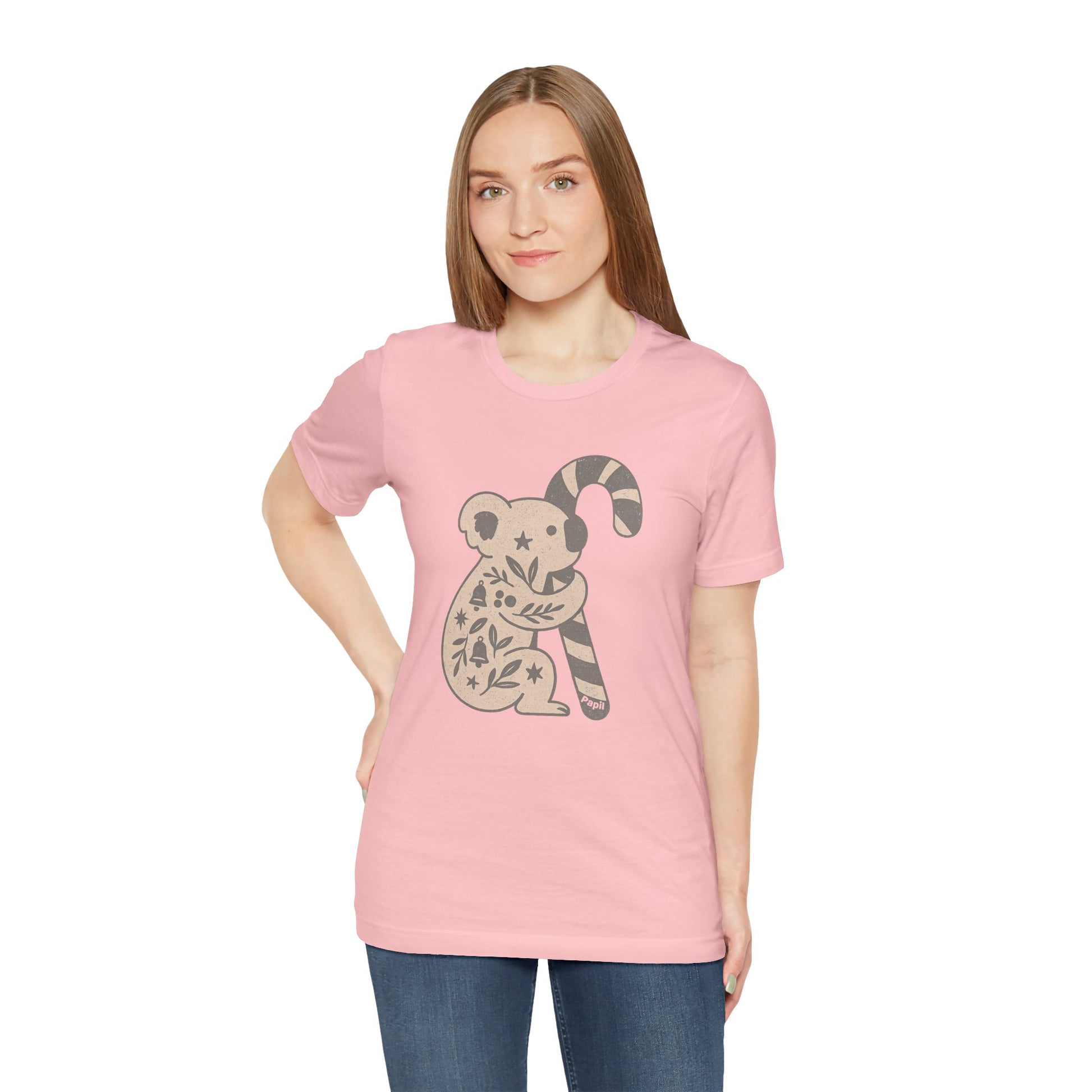 Floral Koala with Candy Cane Christmas Tee | Botanical Animal Woodland T-Shirt