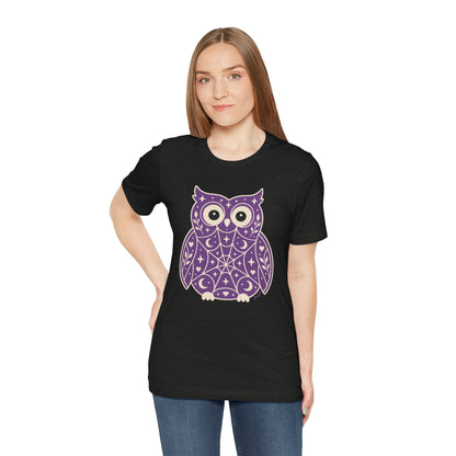Enchanted Owl Halloween Tee, Whimsical Woodland Graphic (Purple)