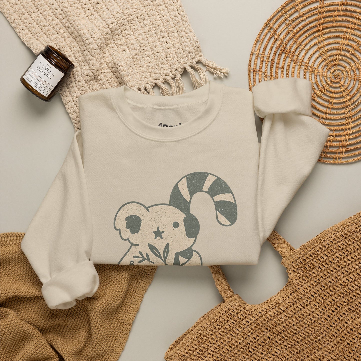 Koala Candy Cane Crewneck Christmas Sweatshirt — Whimsical Floral Australian Koala Holiday Sweatshirt