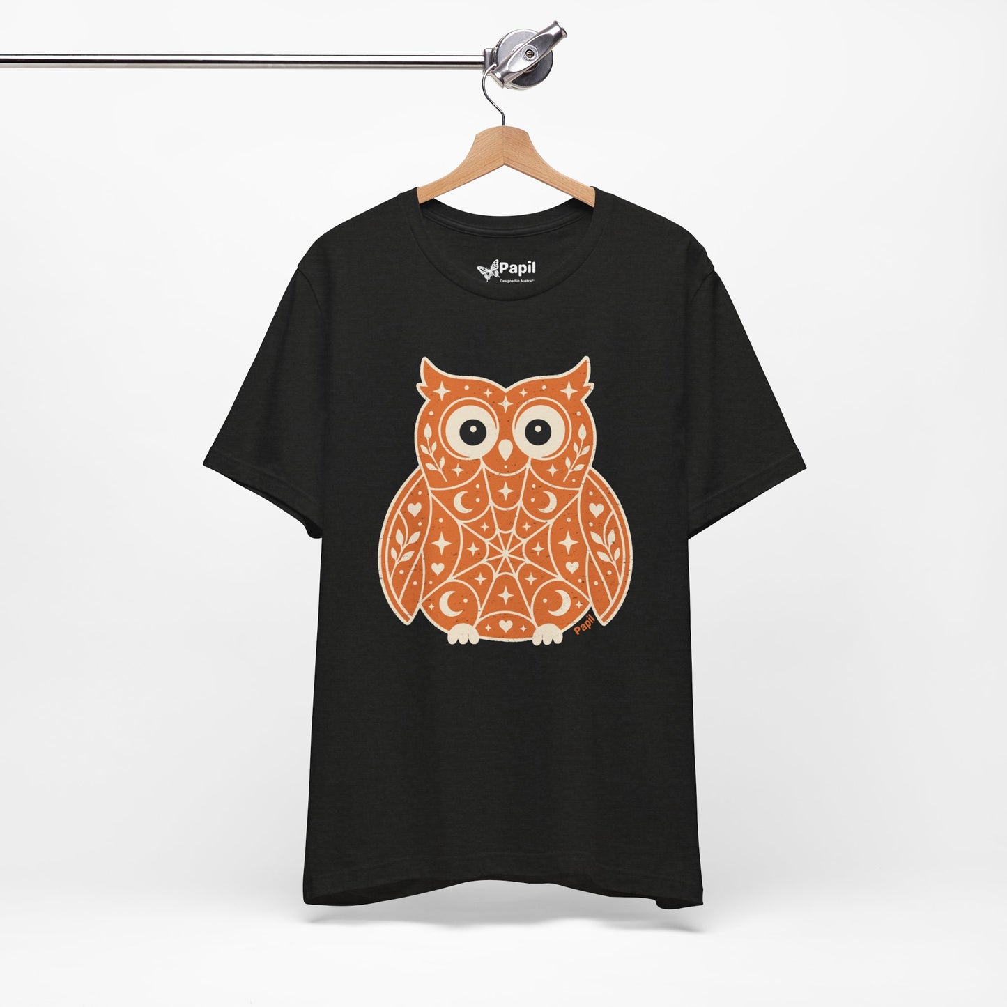 Enchanted Owl Halloween Tee, Whimsical Woodland Graphic (Orange)