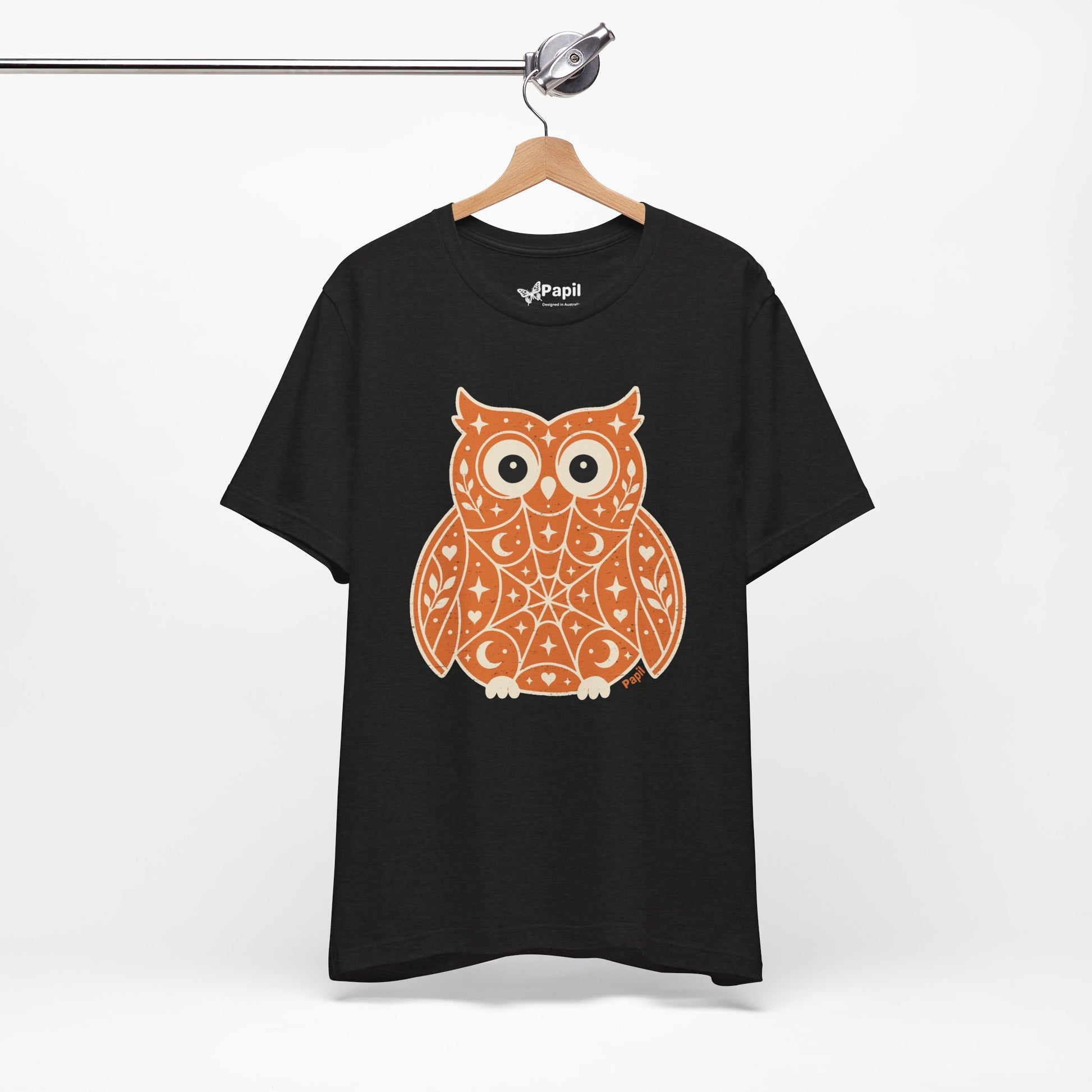Enchanted Owl Halloween Tee, Whimsical Woodland Graphic (Orange)