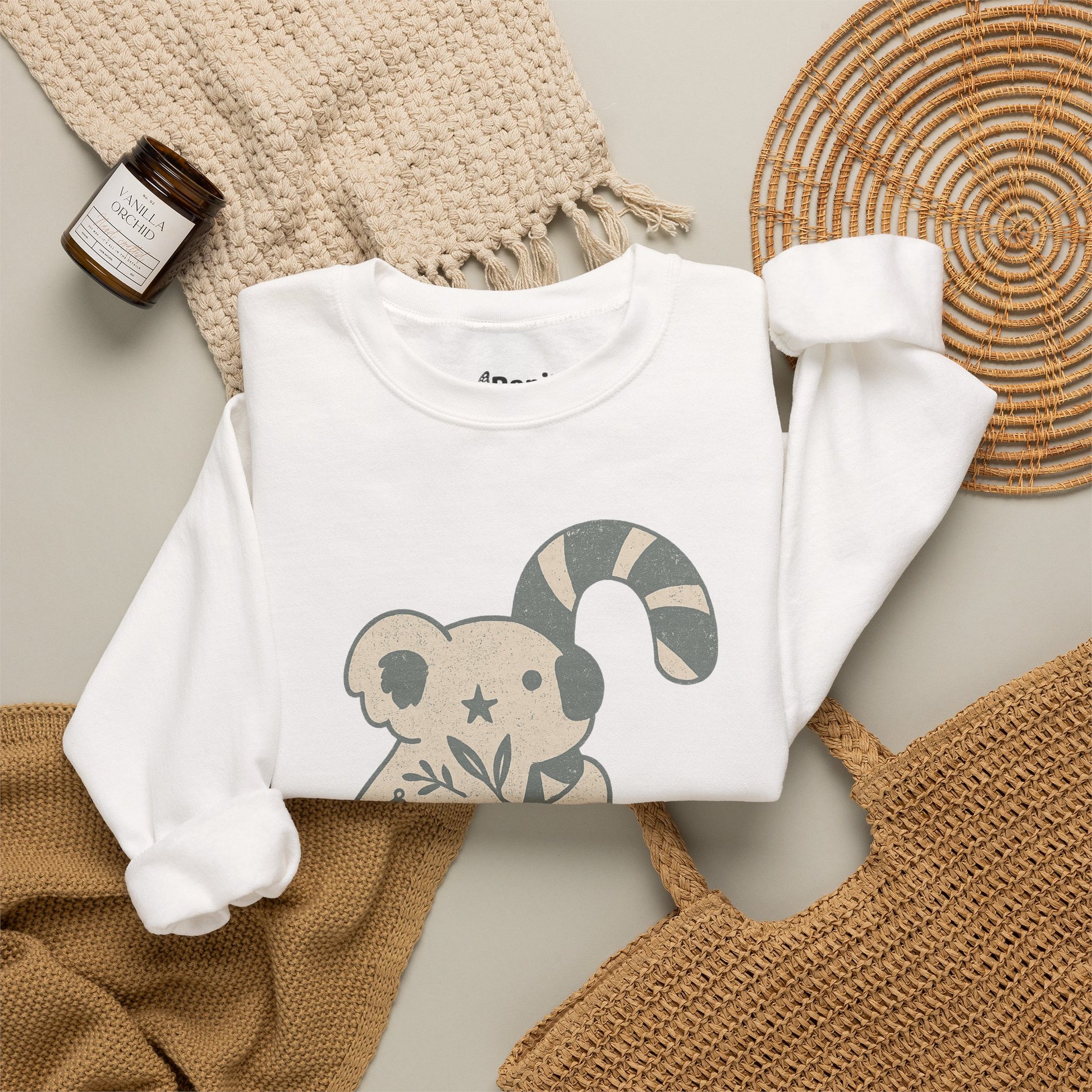 Koala Candy Cane Crewneck Christmas Sweatshirt — Whimsical Floral Australian Koala Holiday Sweatshirt