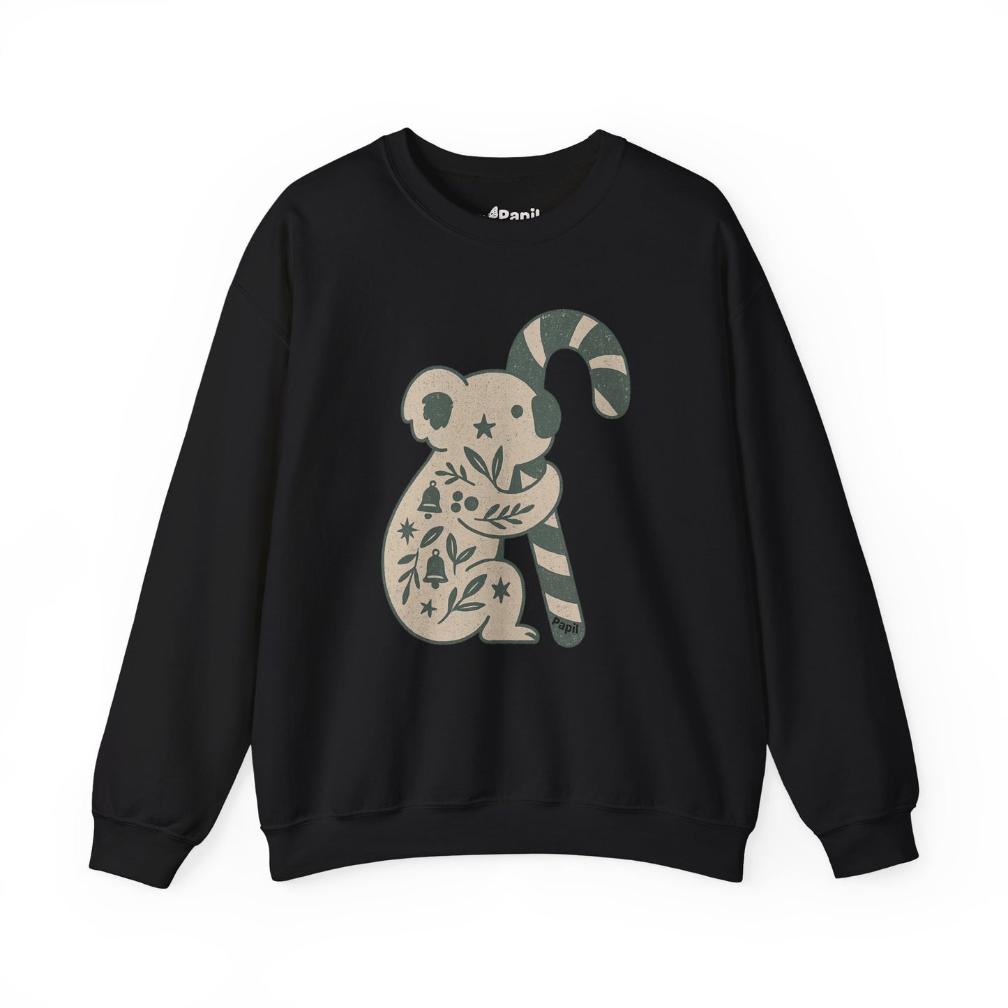 Koala Candy Cane Crewneck Christmas Sweatshirt — Whimsical Floral Australian Koala Holiday Sweatshirt Black