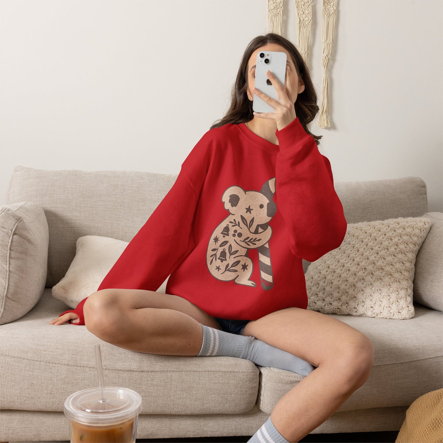 Koala Candy Cane Crewneck Christmas Sweatshirt — Whimsical Floral Australian Koala Holiday Sweatshirt