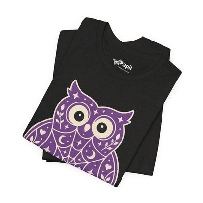 Enchanted Owl Halloween Tee, Whimsical Woodland Graphic (Purple)