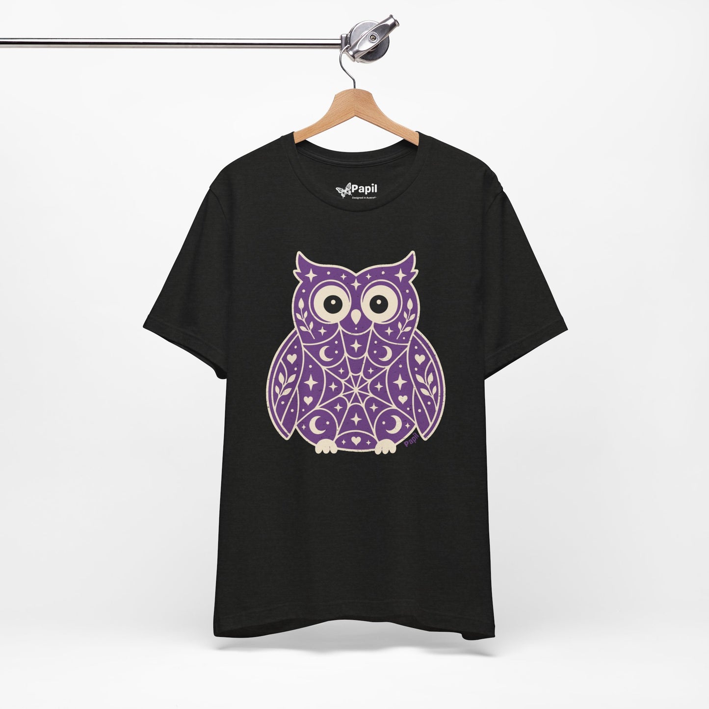 Enchanted Owl Halloween Tee, Whimsical Woodland Graphic (Purple)