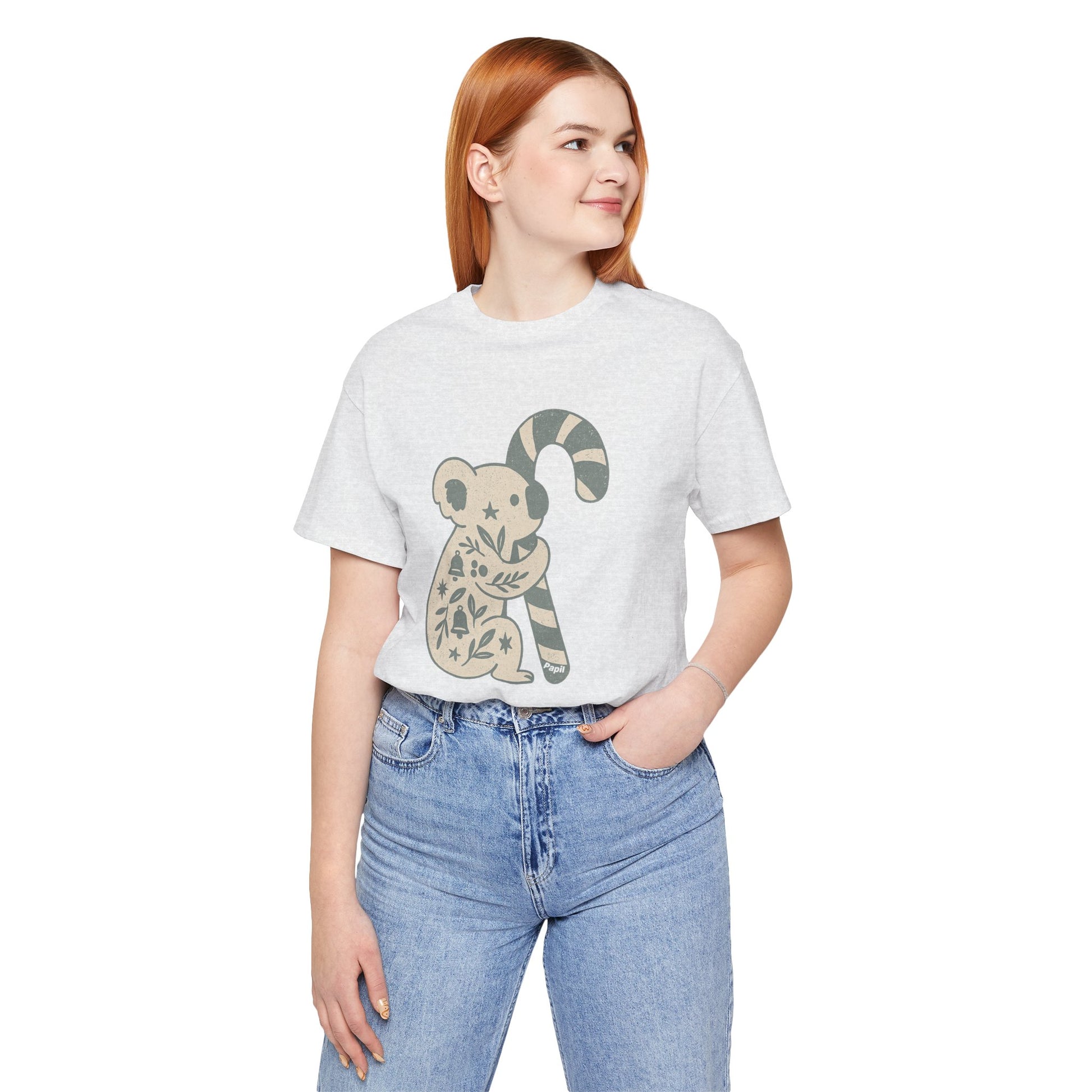 Floral Koala with Candy Cane Christmas Tee | Botanical Animal Woodland T-Shirt