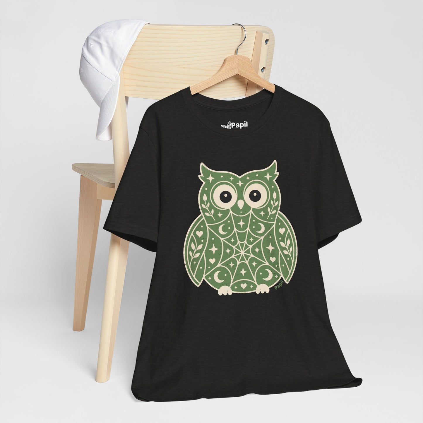 Enchanted Owl Halloween Tee, Whimsical Woodland Graphic (Green)