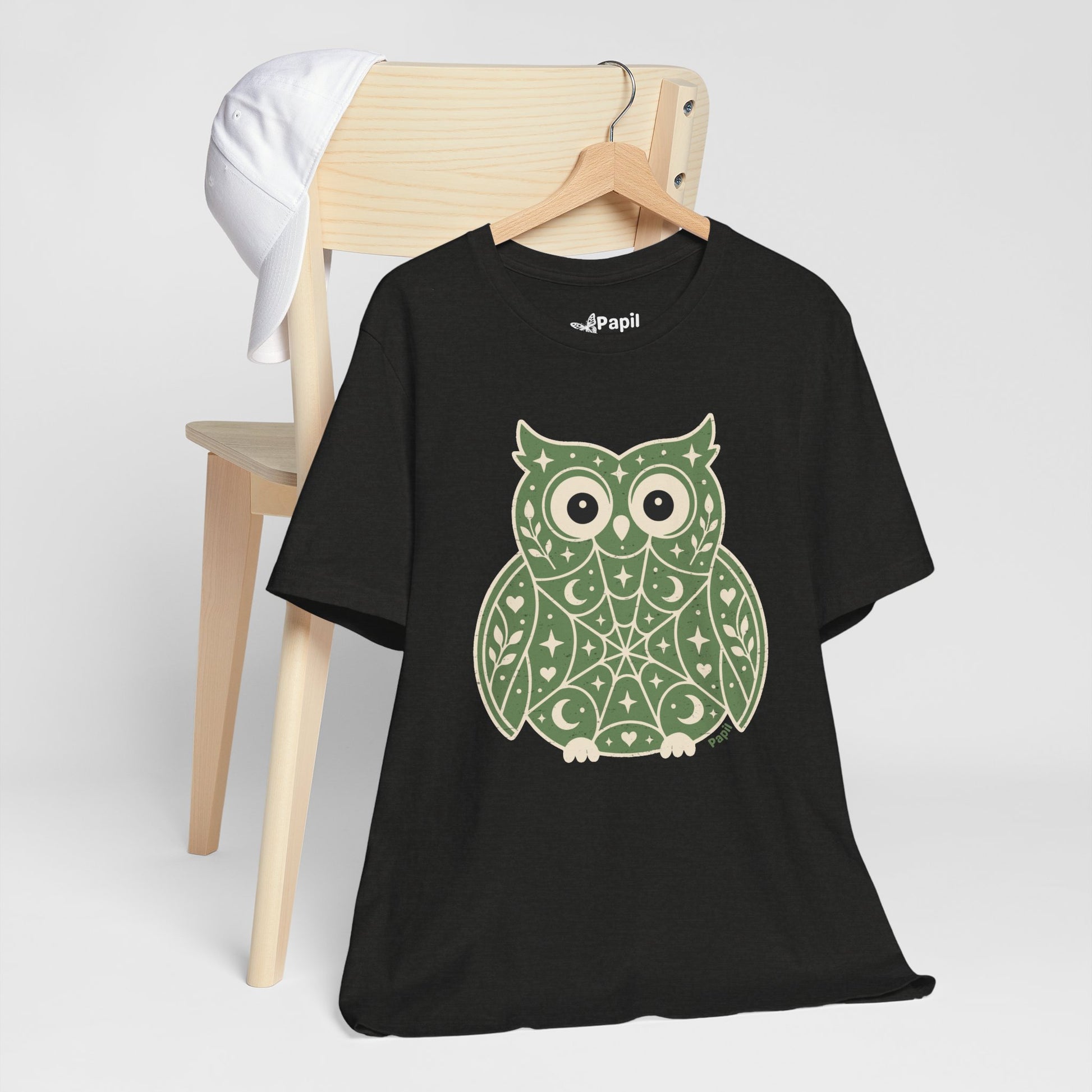Enchanted Owl Halloween Tee, Whimsical Woodland Graphic (Green)