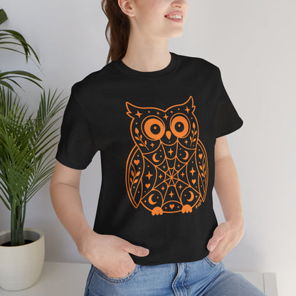 Enchanted Owl Halloween Tee, Whimsical Woodland Graphic (Black)