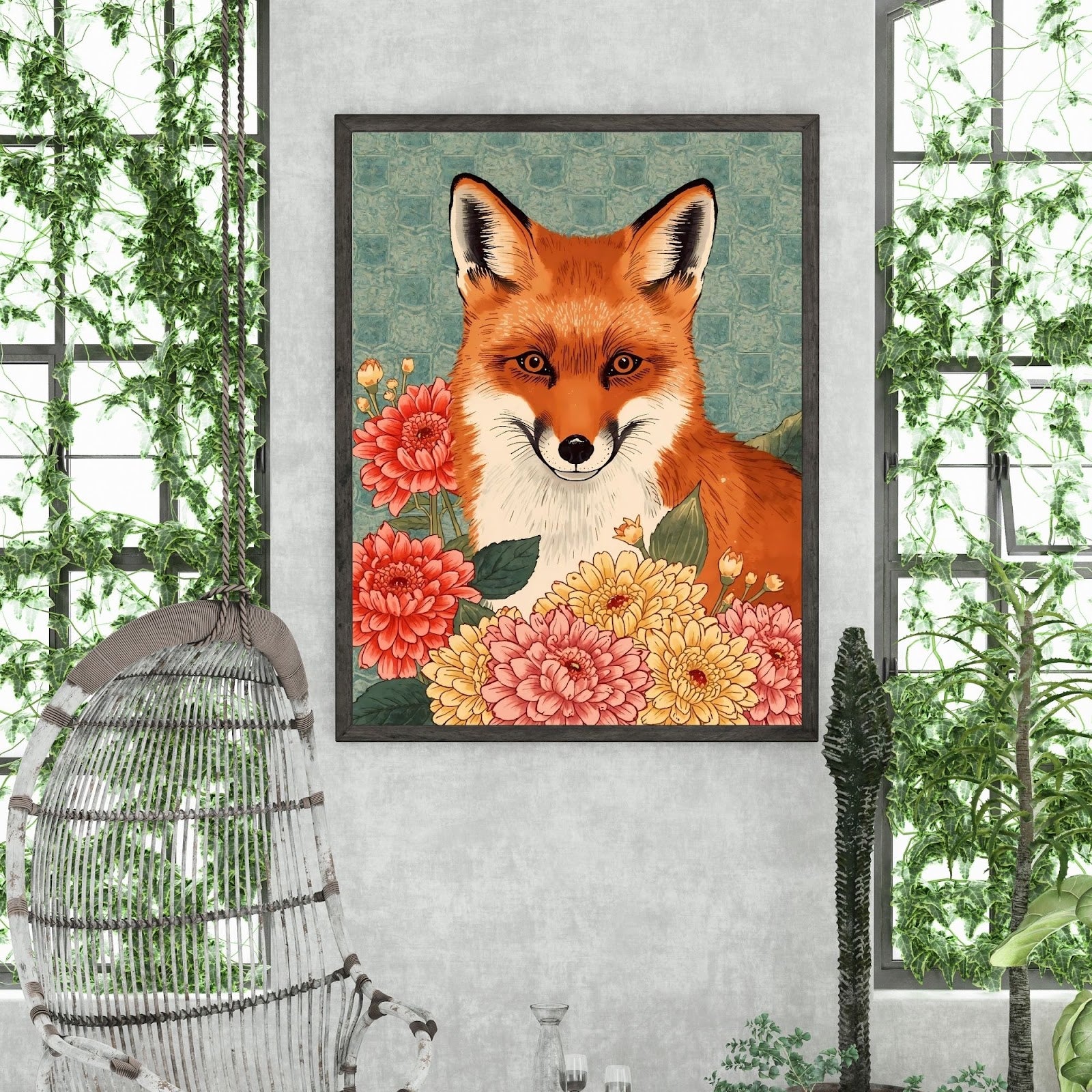 Floral Fox Ukiyo-e Wall Art Poster