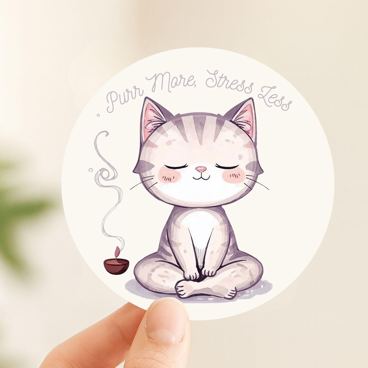Purr More Stress Less Meditating Cat | Mindfulness | White Gloss Vinyl | Die-Cut Sticker