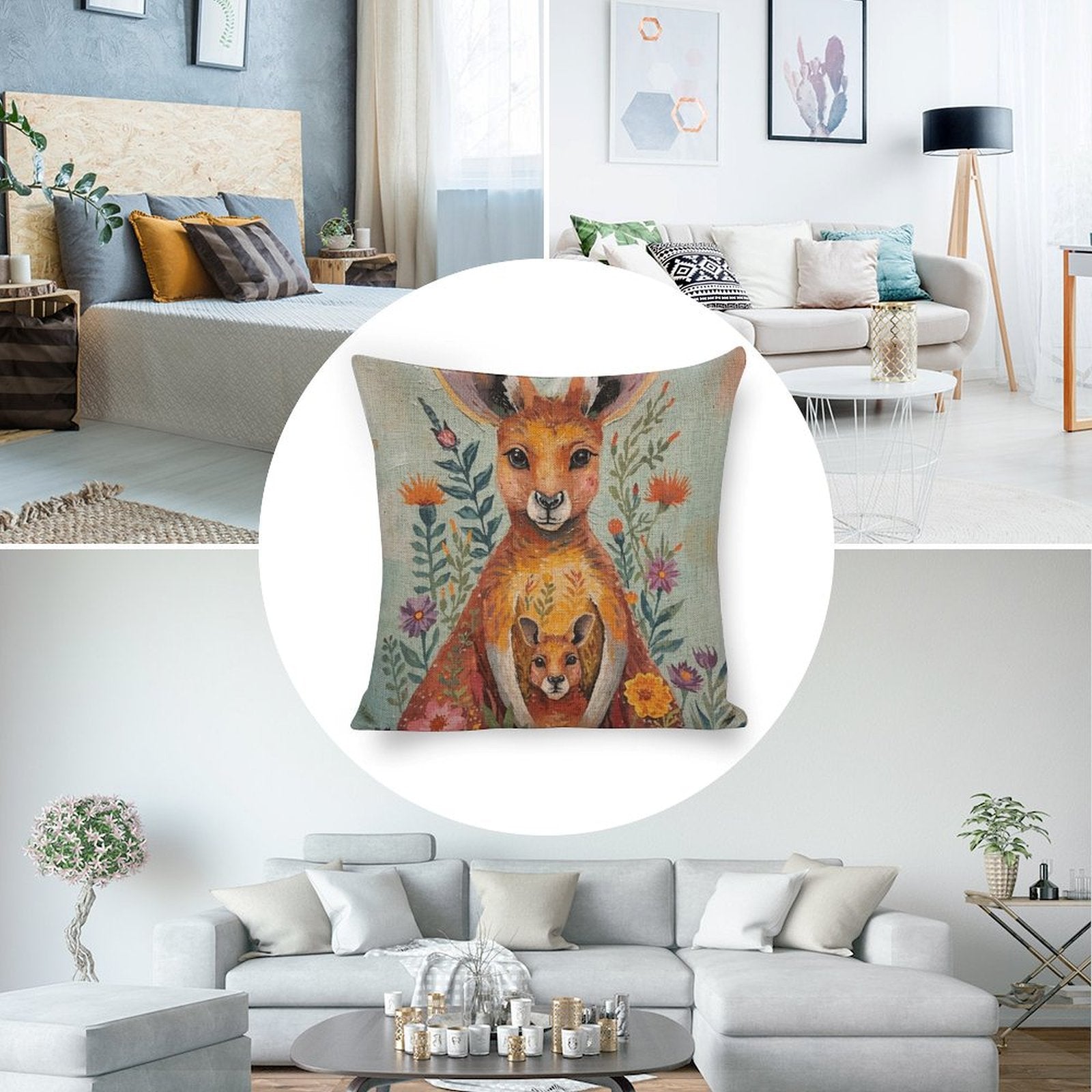 Kangaroo & Joey Australian Wildflower Watercolour Cushion Cover — US-Made, Single-Sided Print, 45×45cm