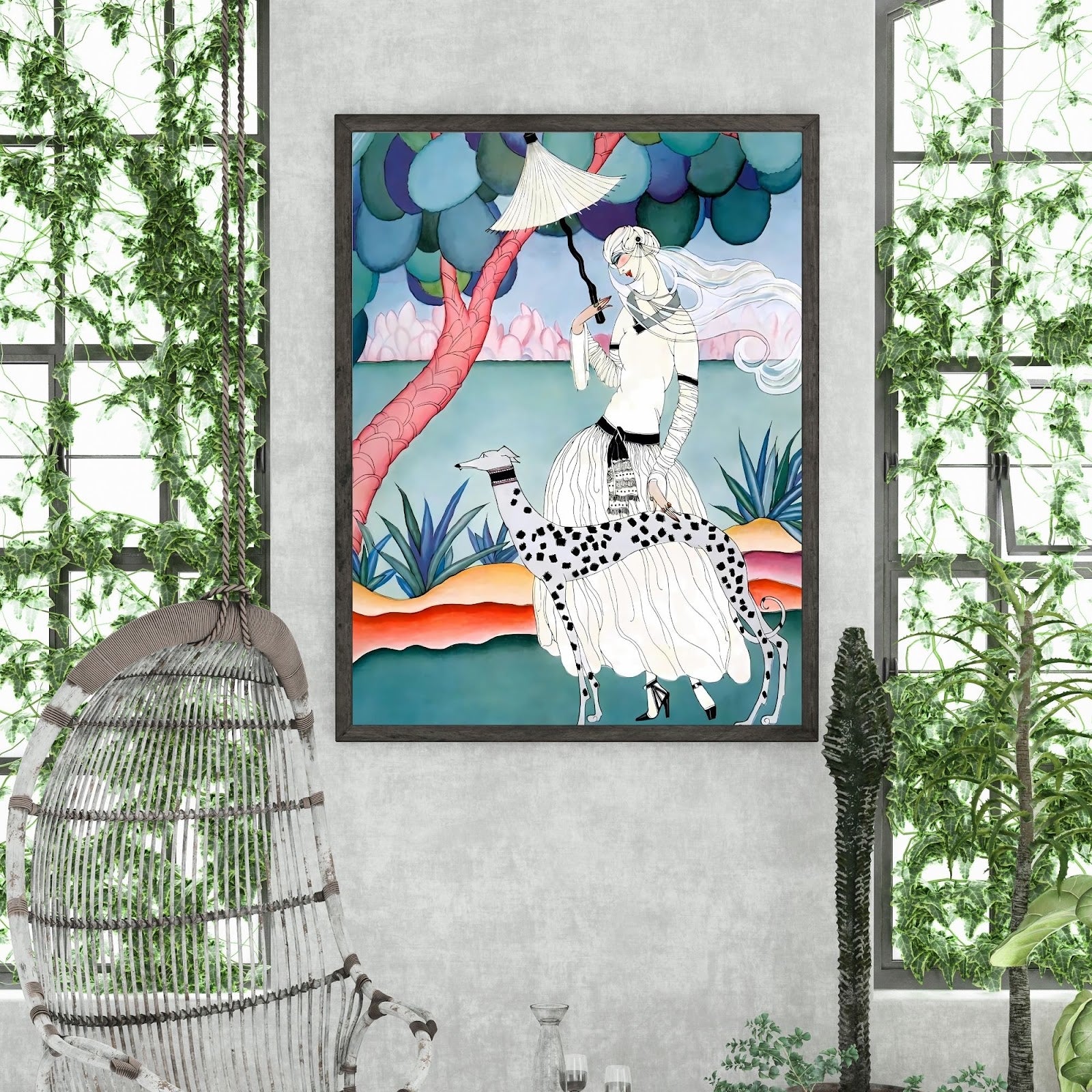 Ms Vogue & Her Spotted Hound Art Deco Wall Art Poster