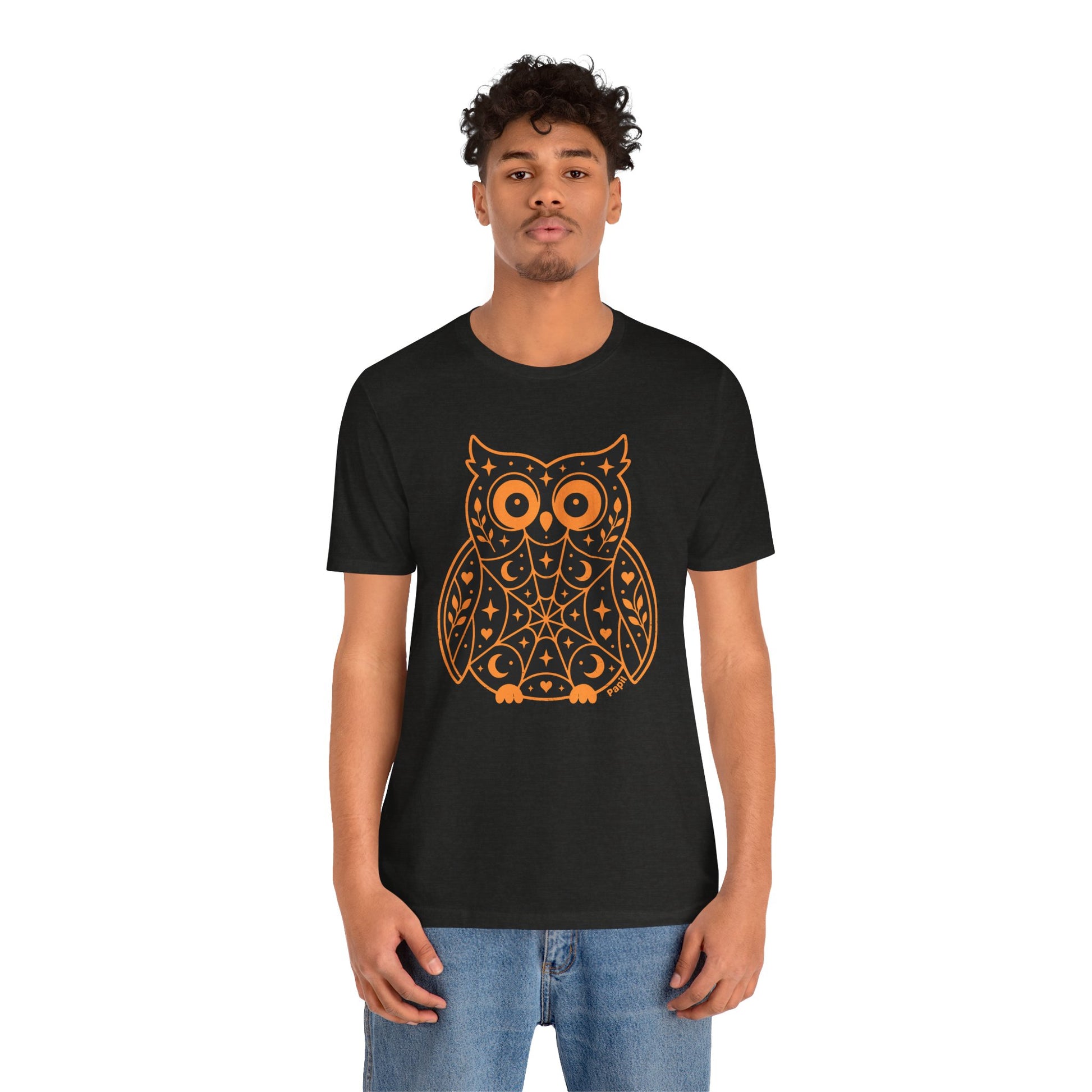 Enchanted Owl Halloween Tee, Whimsical Woodland Graphic (Black)