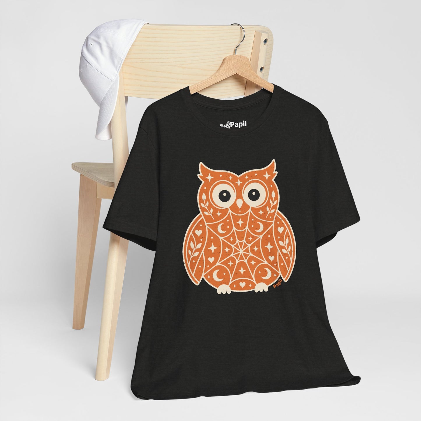Enchanted Owl Halloween Tee, Whimsical Woodland Graphic (Orange)