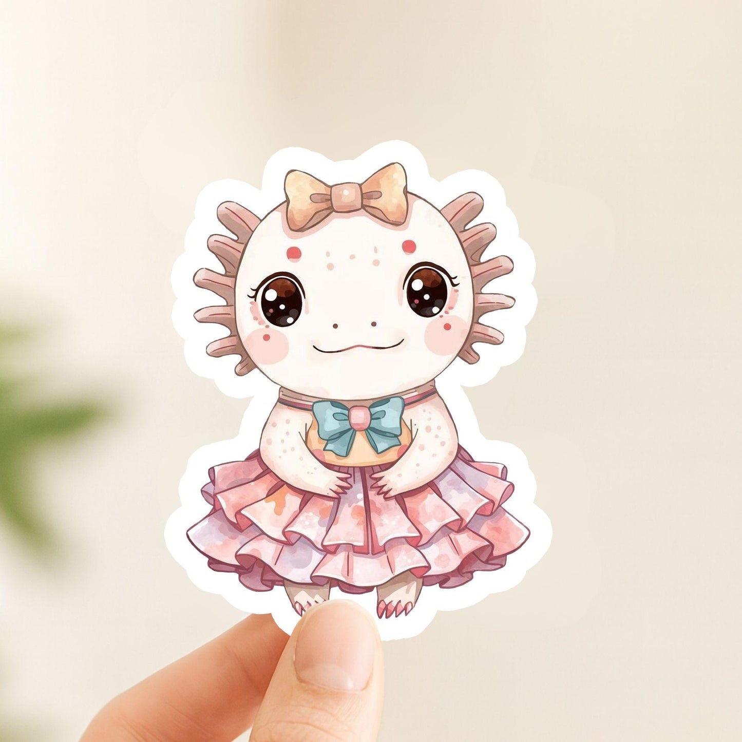 Axolotl Ballerina Pink Tutu | Kawaii | White Gloss Vinyl | Die-Cut Sticker