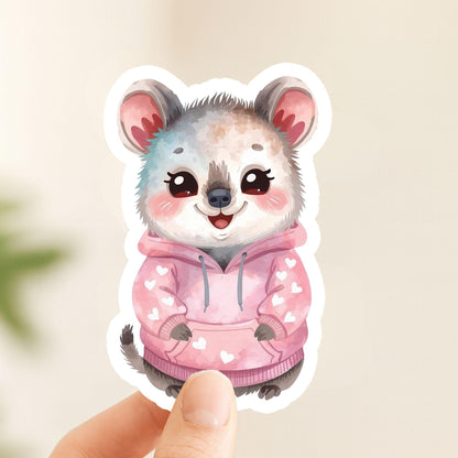 Quokka in Hoodie Pink Hearts | Kawaii | White Gloss Vinyl | Die-Cut Sticker