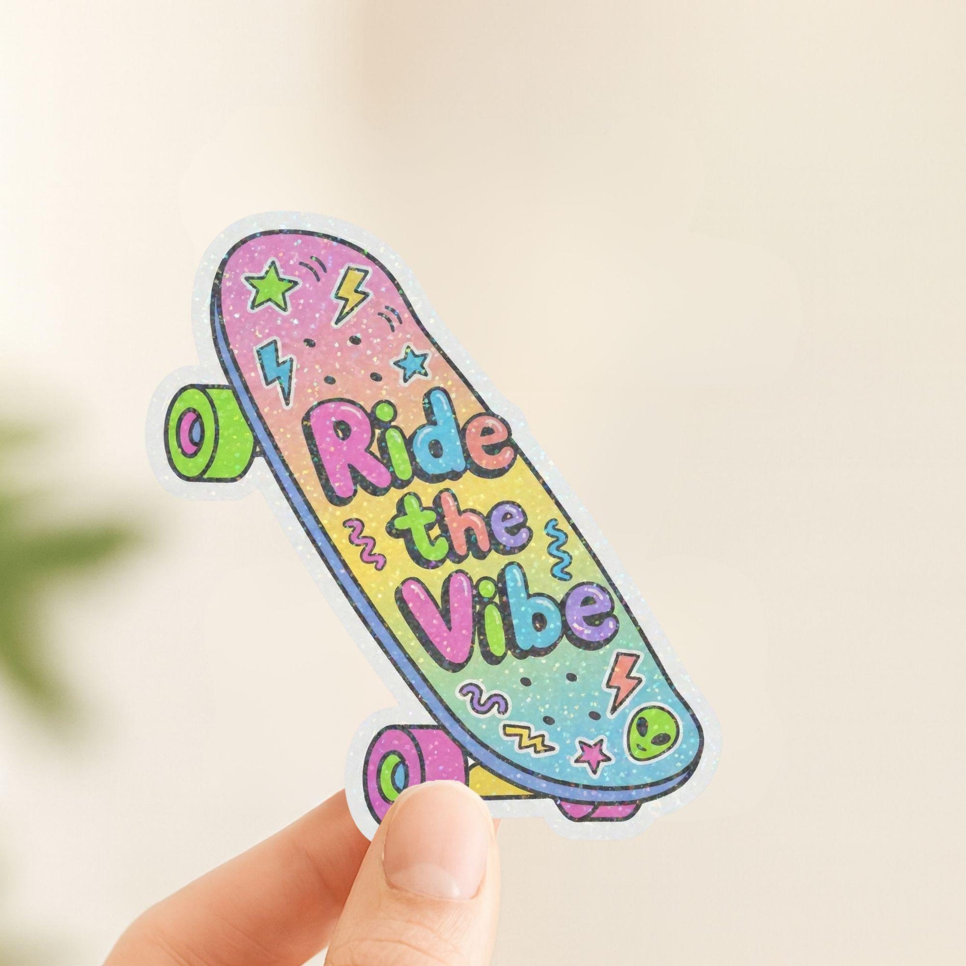 Ride the Vibe Skateboard | 90s Skater | Glitter Vinyl | Die-Cut Sticker