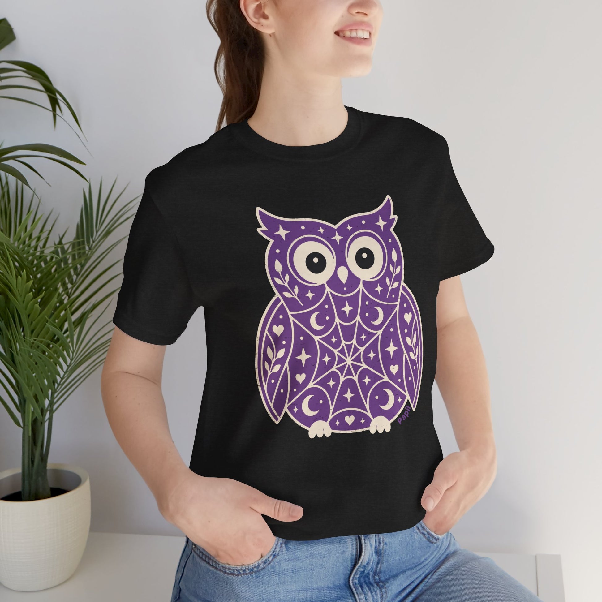 Enchanted Owl Halloween Tee, Whimsical Woodland Graphic (Purple)