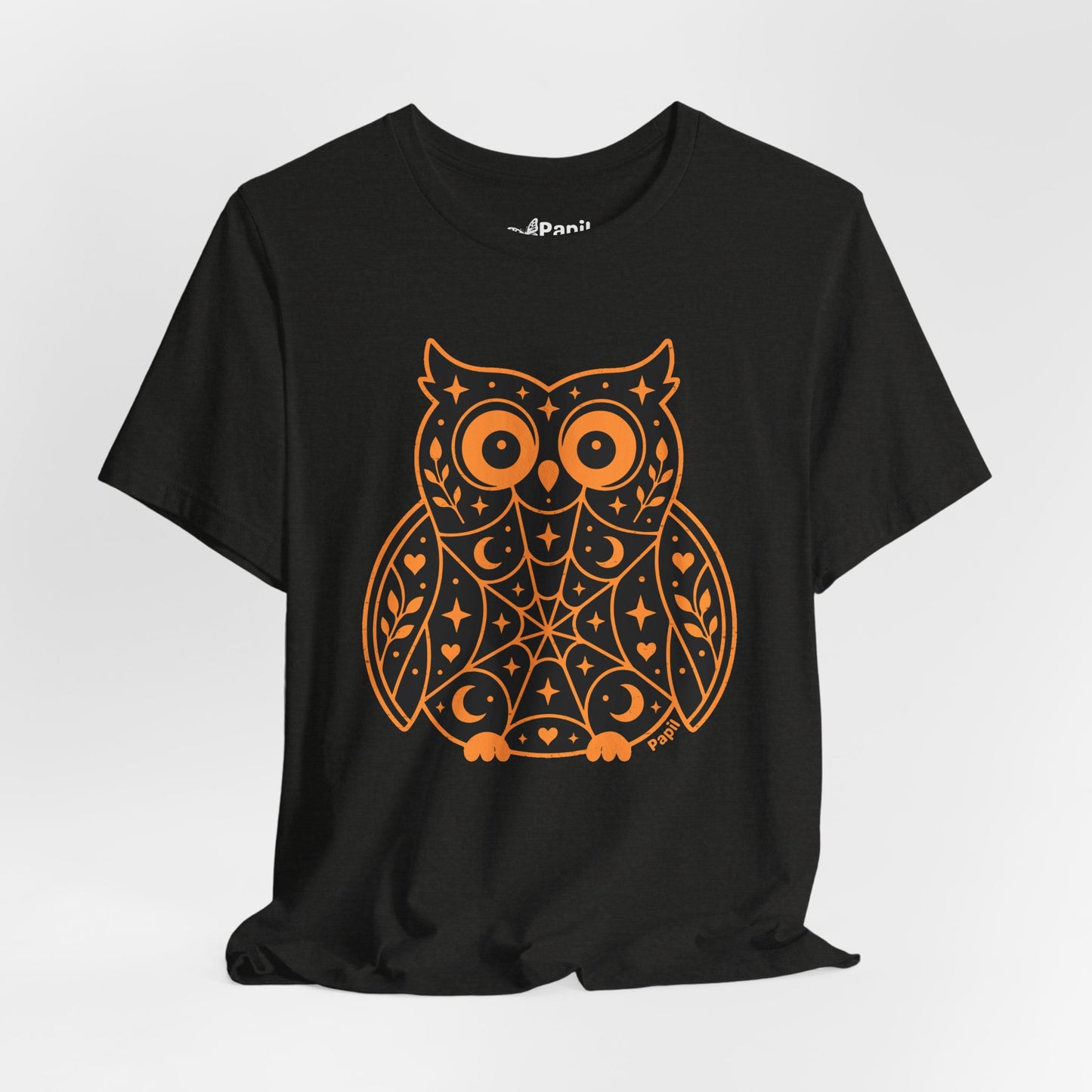 Enchanted Owl Halloween Tee, Whimsical Woodland Graphic (Black)