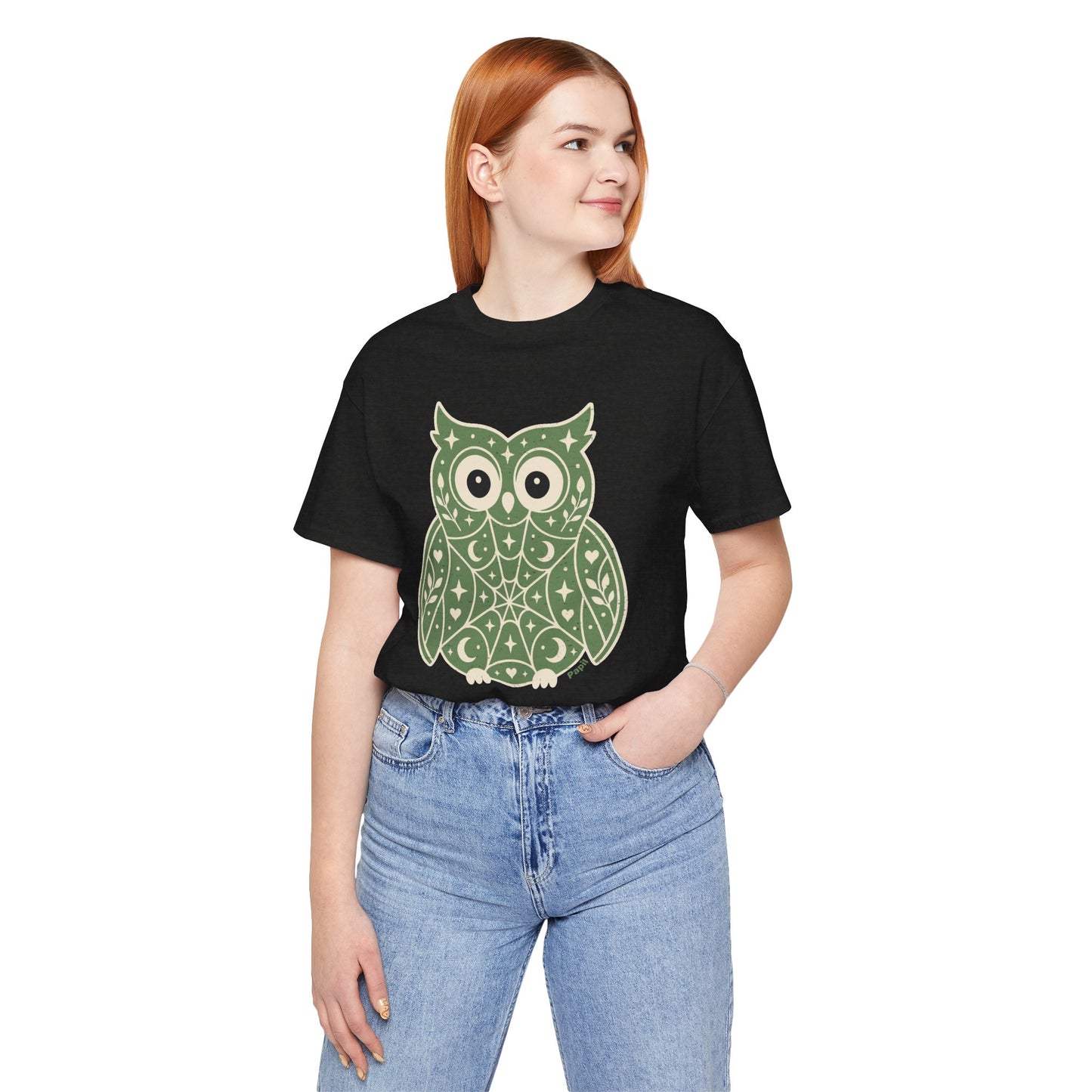 Enchanted Owl Halloween Tee, Whimsical Woodland Graphic (Green)