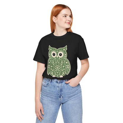 Enchanted Owl Halloween Tee, Whimsical Woodland Graphic (Green)