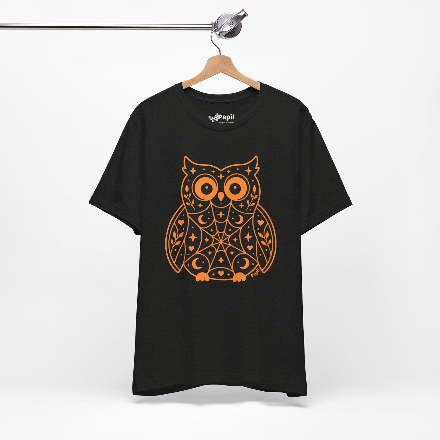 Enchanted Owl Halloween Tee, Whimsical Woodland Graphic (Black)