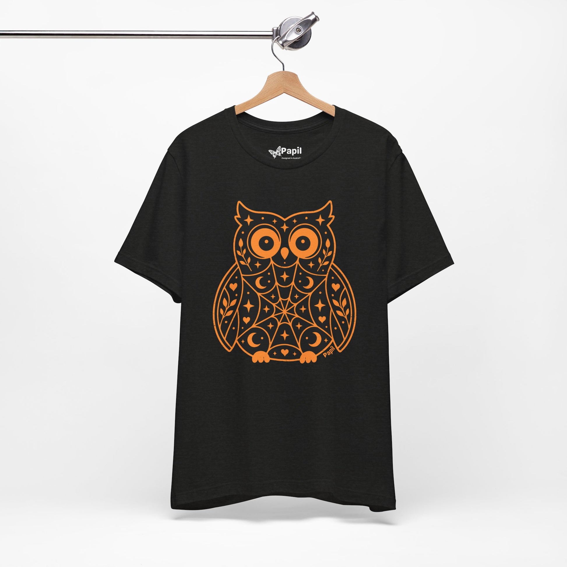 Enchanted Owl Halloween Tee, Whimsical Woodland Graphic (Black)