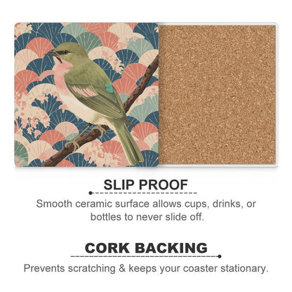 Songbird Serenity Japanese Ukiyo-e Inspired Ceramic Coasters (Set of 4 or 6)