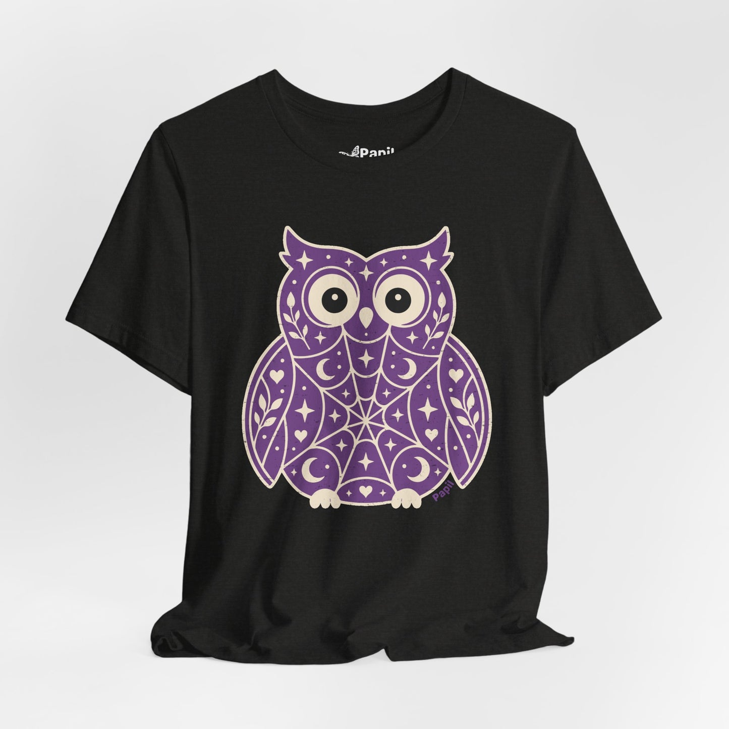 Enchanted Owl Halloween Tee, Whimsical Woodland Graphic (Purple)